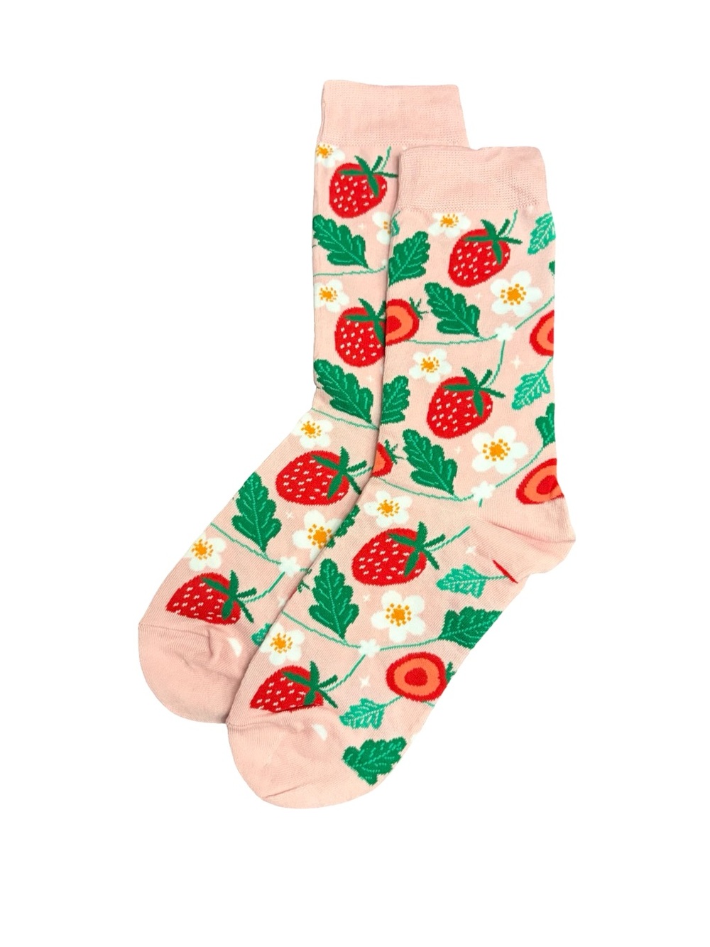 Strawberry Novelty Crew Socks Pink Floral Fruit One Size Pink Red Green Fruit